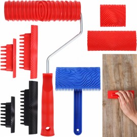 Wood Graining Tool Set, 8 Pcs 7" Fake Wood Grain Roller Painting Tool with Handle DIY Rubber Graining Tool Paint Look Like Wood for Wall Room Art Paint Decoration