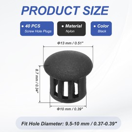 PATIKIL 10mm/3/8 Plastic Hole Plugs, 40 Pcs Flush Type Round Plug Snap in Locking Screw Hole Covers Insert End Caps for Furniture Cabinet Kitchen Door Shelves, Black