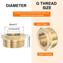 sourcing map 2 Pcs Brass Reducer Hex Bushing G3/4" Male x G3/8" Female Threaded Reducing Pipe Adapter Fitting with PTFE Tape for Plumbing, Fuel Lines, and Pneumatic Systems