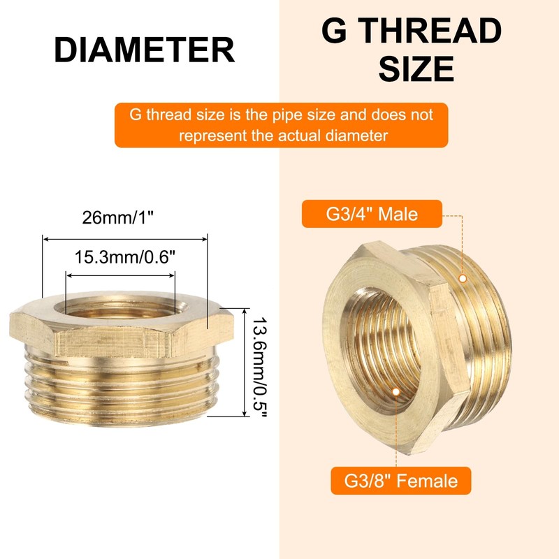 sourcing map 2 Pcs Brass Reducer Hex Bushing G3/4" Male
