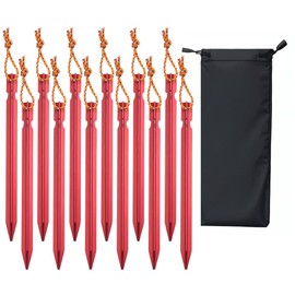 Keovoker 12 Pack Tent Stakes, 7-inch Ultralight Aluminum Ground Pegs with Reflective Pull Ropes, Tri-Beam Stakes in a Carrying Bag, for Camping, Backpacking, Hiking Tent, Hammocks and Canopy, Red