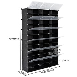 Portable 12-Tier Shoe Cabinet - 72-Pair Shoe Storage with Covers - Expandable Free Standing Tower Shelf for Heels, Boots, Slippers - Black