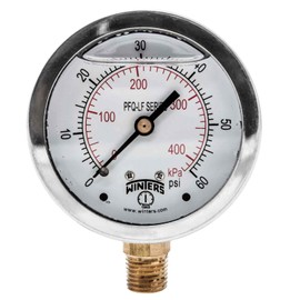 Winters 2-1/2" Dial Size, Liquid Filled Pressure Gauge, Potable Brass Internals, 304 Stainless Steel Case, Dual Scale 0-60 psi/kPa, 1.5% Acc, 1/4" NPT Bottom Mount, Drinking Water Pressure Gauge