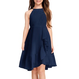 MITILLY Girls Elegant Semi Formal Dress Halter Neck Cotillion Wedding Guest School Dance Prom Cocktail Dressy Dresses 8 Years Navy Blue