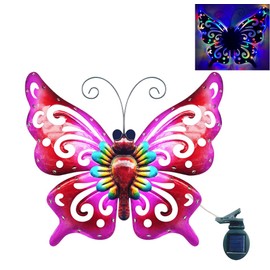 Solar Garden Light, Metal Butterfly Wall Art, 19" Large Hanging Decor for Garden Patio Fences Porch Yard Art Outdoor Wall Decor, Weatherproof Decorative Lighting, Housewarming Wedding Birthday Gift