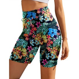 Ekouaer - Pantalones cortos de natación de cintura alta para mujer, pantalones cortos de playa, surf, S-4XL, Flores tropicales rojas, Large