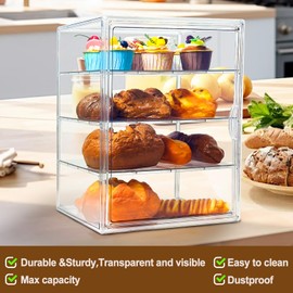FQDGTFA Pastry Display Case 4 Layers Large Adjustable Bread Box for Kitchen Countertop, Large Clear Bread Storage Container with Magnetic Door Pastry Bakery Display Case 15.6x11.5x9.9inch