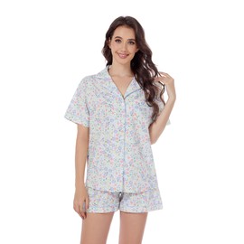 LUBOT 100% Cotton Women's Pajamas Set Button-Down Two-piece PJ Set Short Sleeve Printed Patterned Summer Sleepwear Loungewear (Spring Garden, M)