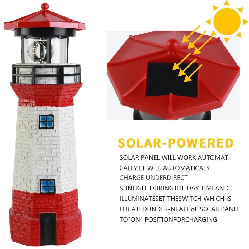 Red Solar Lighthouse, Rotating LED Lighthouse Decorative Light, Garden Waterproof