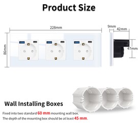 JIMEIDA Glass Socket with USB 20 W Fast Charging in White Flush-Mounted Triple 16 Amp Sockets with USB A and Type C Max. 3.1 A, 228 x 86 mm, 250 V