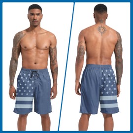 Mens Swim Trunks with Compression Liner, Navy Patriotic USA Flag Men Bathing Suit Swimming Trunks 9 Inch Inseam Board Shorts Men's Swimwear, 4 Way Stretch Beach Shorts Quick Dry Swimsuits, 3XL