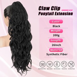 LRSICAL Ponytail Extension, Claw Clip Ponytail Extensions Long Wave Black Ponytail Extensions for Women Fluffy Natural Synthetic 26 Inch Hairpiece for Daily Use