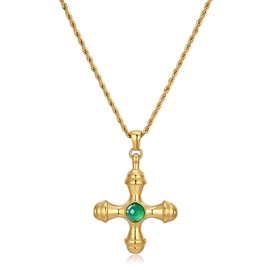 NUZON Green Agate Cross Necklace for Women 18K Gold Plated Stainless Steel Twisted Chain Gemstone Cross Pendant Necklace Layering Jewelry 19.7’’
