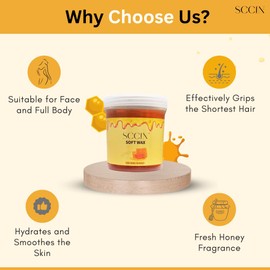 SCCIN Soft Wax Hair Removal Kit 300G with 20 Wax Strips and 4 Wooden Spatulas. Honey Scent Depilatory Jar. Face, Arms, Legs, Bikini, Underarm & Stuborn Hair. Most Suitable for Sensitive Skin.