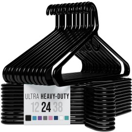 NEATERIZE Ultra Heavy Duty Plastic Clothes Hangers - Black - Durable Coat, Suit and Clothes Hanger. Perchas De Ropa (12 Pack - Black)