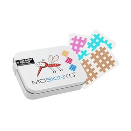 Moskinto - Parches Originales para Alivio de Picazón y Hinchazón por Picaduras de Mosquitos, Colores Divertidos (Rosa, Azul y Beige), en Lata Reutilizable, Pack Familiar de 42 Parches