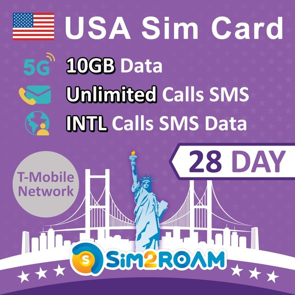 USA Ultra SIM Card 28Days | 10GB of 5G/4G High-speed Data | Unlimited Domestic US Call & Text + from US to 90+ INTL Destinations | International Call credit & Roaming credit | Refillable! (10GB Data)