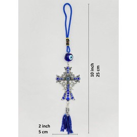 Luckboostium Evil Eye Cross Charm Pendant For Good Luck And Protection, Comes With Traditional Blue And White Colors With Matching Tassels And Durable Cord For Hanging In Cars Or On Walls And Bags