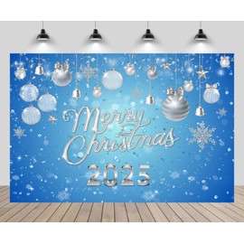 CHNYWORK 7x5ft Merry Christmas Backdrop 2025 Silver Christmas Balls Stars Snowflakes Diamonds Ribbons Bells Blue Background Happy New Year Eve Party Decor Portrait Photo Studio Booth Props Wallpaper