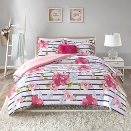 Comfort Spaces Zoe Comforter Set Printed Striped Floral Design with Faux Long Fur Decorative Pillow Bedding, Pink, Full/Queen, 4 Piece