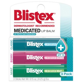Blistex Bálsamo labial medicado, 0.15 onzas cada uno, clásico, sabor a menta y bayas, calma y protege, cuidado labial medicado avanzado para labios secos y agrietados, protección solar SPF 15, 3 unidades, 1 paquete