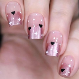 SINHOT Square Press on Nails Short Fake Nails Cute Heart Glossy Glue on Nails Pink Chrome Acrylic Nails Squoval Artificial Nails Stick on False Nails with Design 24 pcs