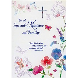 Designer Greetings Butterflies, Pink, Red and Blue Flowers on White Religious Easter Card for Minister and Family
