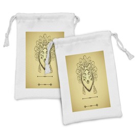 Lunarable Wolf Fabric Pouch Set of 2, Wolf Portrait with Feathers Totem Animal Ethnicity Print, Small Drawstring Bag for Toiletries Masks and Favors, 9" x 6", Yellow Green and Brown