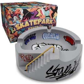 Concrete Skatepark Tray - 100% Solid Concrete, 6.5in Round Base, 2.5in Tall, Graffiti-Inspired Design with Smooth Sloped Bowl for Mini Tech Deck Use - Rail Color: Gold