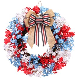 RoseCraft 22inch 4th of July Wreath, Artificial Red White Blue Patriotic Bow Wreaths for Front Door, Memorial Day Independence Day Veterans Day Decor, for Wall Porch Indoor Outdoor Decorations.