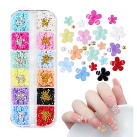 3D Flower Nail Charms, Acrylic Nail Flowers with Gold Silver Caviar Beads Nail Art Charms Nail Jewellery Nail Art Decorations DIY Nail Design