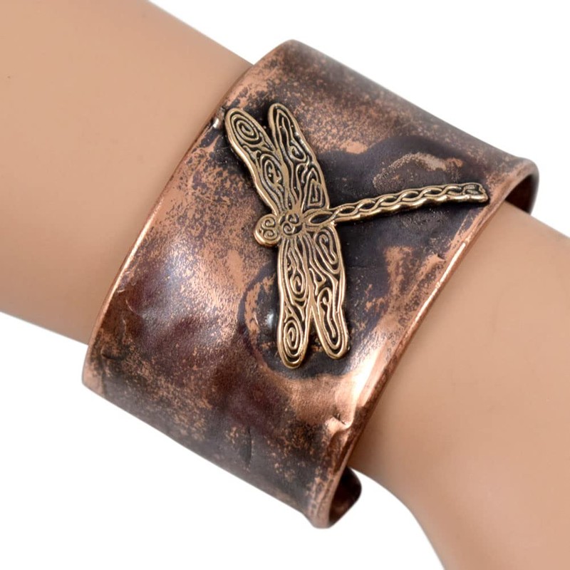 American Made Rustic Copper Cuff Bracelet – Dragonfly (Medium Size,