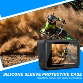 Kuptone Funda de silicona para GoPro Hero 11 Hero 10 Hero 9, 6 protectores de visualización de vidrio templado + puerta lateral + tapas de lente para Go Pro Hero 11/10/9 Kit de accesorios