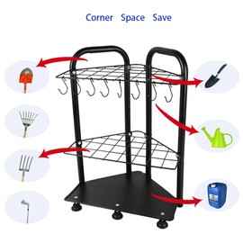shouldbuy Corner Garden Tool Organizer Rack, Garage Yard Tool Storage and Organization,2-Tier Metal Stand with Hooks, Black