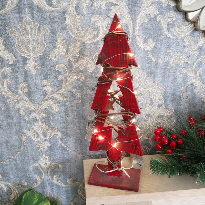 30cm Red Wooden LED Tree Tabletop Centrepiece Christmas Holiday Home