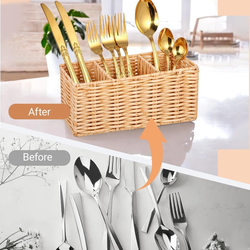 YBEATY Wicker Flatware Silverware Caddy, Plastic Woven Kitchen Cutlery Organizer