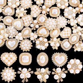 HINZIC 45pcs Rhinestone Pearl Buttons, 9 Styles Flat Back Faux Pearl Button