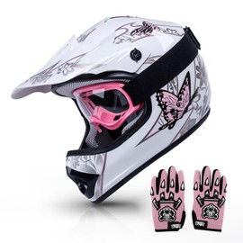 TCMT Youth Pink Butterfly Dirt Bike ATV Helmet Motocross with Goggles and gloves Medium