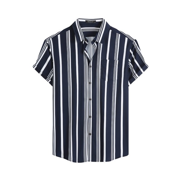 MCEDAR - Camisa casual con botones para hombre, manga corta, a rayas, estilo clásico, playa, día festivo (talla S-5XL, grande y alta), Rayas azules152502, Small