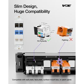 VCE RJ45 CAT6 Keystone Jacks, UL-Listed Adapter, Slim Profile Ethernet Modular Jacks with Punch Down Base and Wire Stripper, UTP 90-Degree, 50-Pack