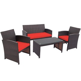 DORTALA 4 Pieces Wicker Patio Furniture Set, Outdoor PE Rattan Conversation Set with Chairs, Loveseat, Coffee Table, Cushions for Poolside, Red