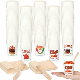RimCereal 400 Pcs Chili Cook Off Party Decorations Include 200 Pcs Disposable Sample Chili Cook Off Tasting Paper Cups and 200 Pcs Wooden Spoons for Chili Cook Off Party Supplies