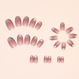 Hkanlre Medium Press on Nails Nude Gradient Shiny Fake Nails Tips Full Cover False Pink Nails for Women and Girls 24PCS