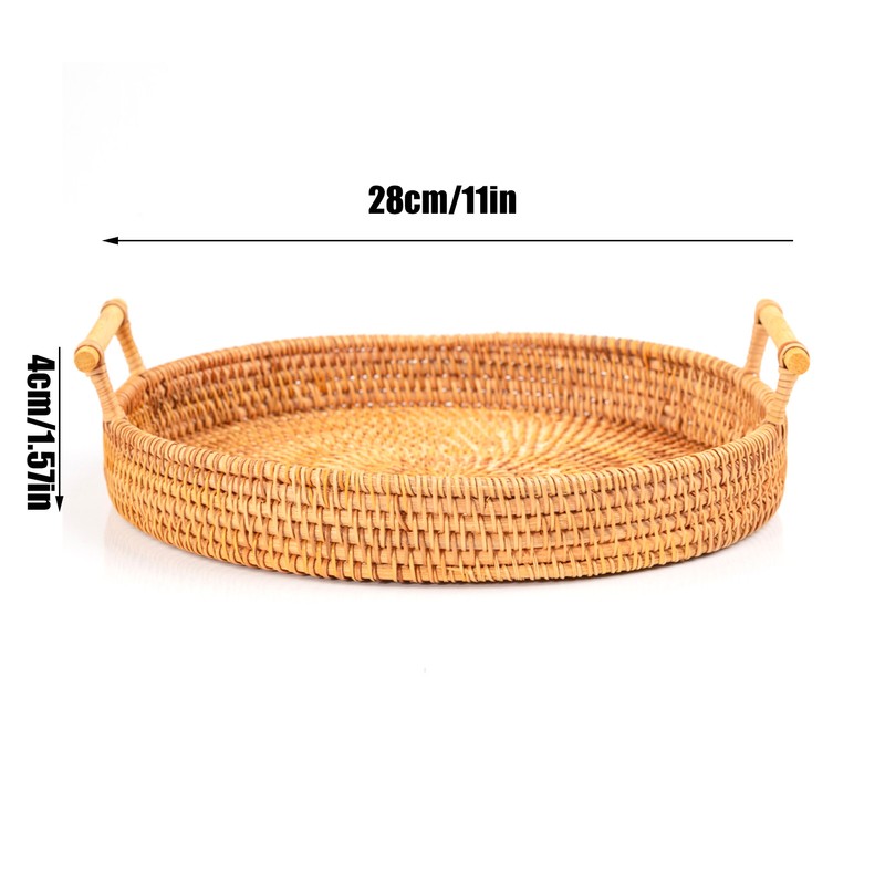 Hand Woven Round Rattan Serving Tray Bread Fruit Dessert Snack