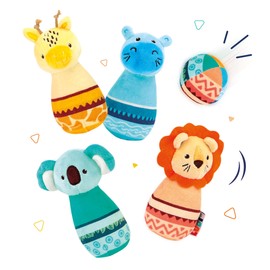 Ludi Fabric Cone - Crawling Toy - Bowling Game - Soft Material - Stable - Quiet - From 10 Months - 1 Ball and 4 Weighted Cones - 1 Lion, 1 Hippo, 1 Koala, 1 Giraffe - 6 x 6 x 14 cm