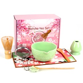 Matcha Tea Set, Including a Ceramic Matcha Bowl, Matcha Brush and Holder, Sieve, Tea Towel, Bamboo Scoop and Spoon, Matcha Accessories - 8 Pieces (Turquoise, Normalcy)