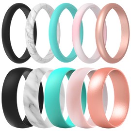 ThunderFit Silicone Wedding Rings for Women, Thin and Round 10 Mixed Rubber Engagement Bands (Black, Marble, Light Pink Mix, Teal, Rose Gold - Size 8.5-9 (18.9mm))
