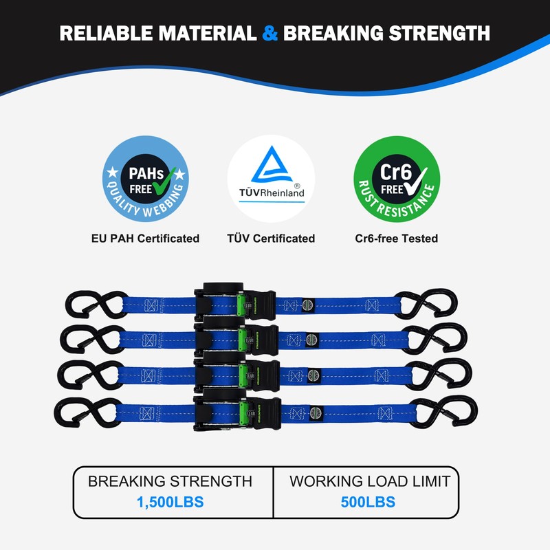 Retractable Ratchet Straps(4PK 1.0INX12FT) - 1,500lb Break Strength, Ratchet Straps
