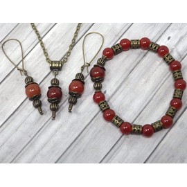Red Carnelian Vintage Style Bracelet Earrings Necklace Set for Women