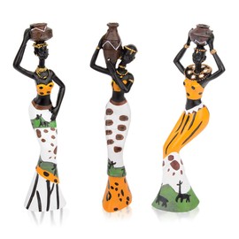 Notart_Art_Gallery | Tribal Lady Figurine Trio - 3pc African Women Statues in Yellow, Resin Cultural Sculpture Decor Set, Handcrafted Ethnic Art for Home Office Shelf, Unique Global Decor Figurines